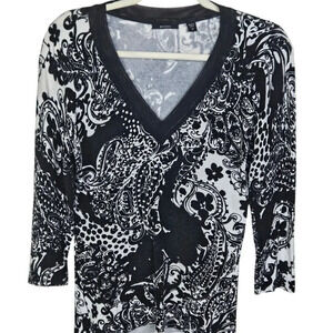 Mosca Pullover‎ V Neck Sweater Black White 3/4 Sleeve Paisley Size Medium